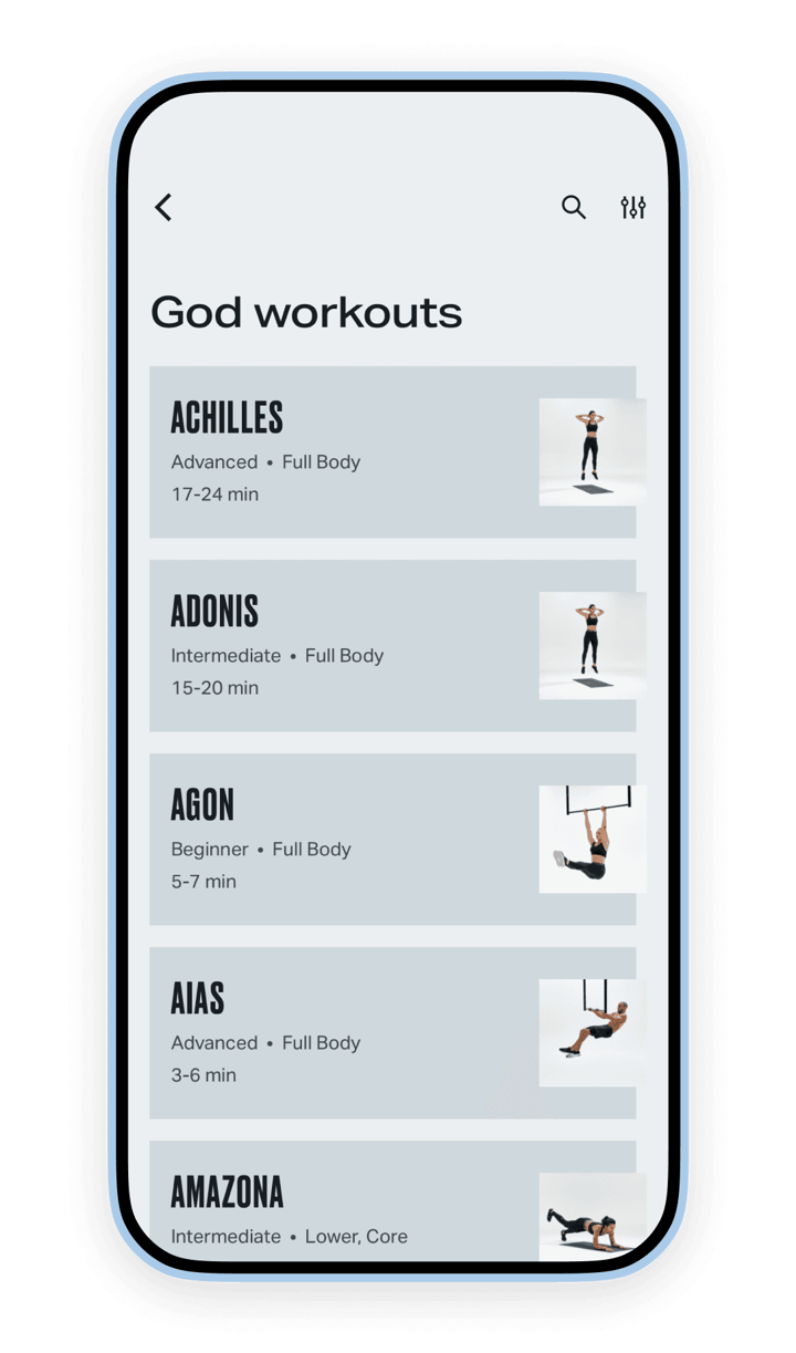 List of God workouts in the Freeletics app